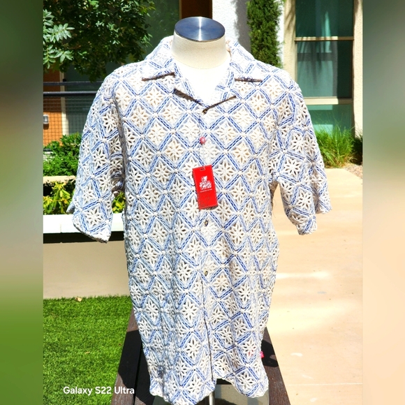 Stacy Adams Men"s Blue Geometric Floral Lattice Crochet Woven Shirt Size XL - Picture 3 of 11